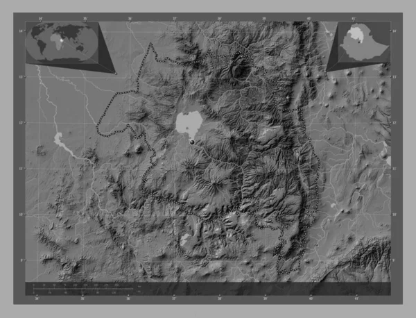 Amhara State Ethiopia Bilevel Elevation Map Lakes Rivers Corner Auxiliary — Stock Photo, Image
