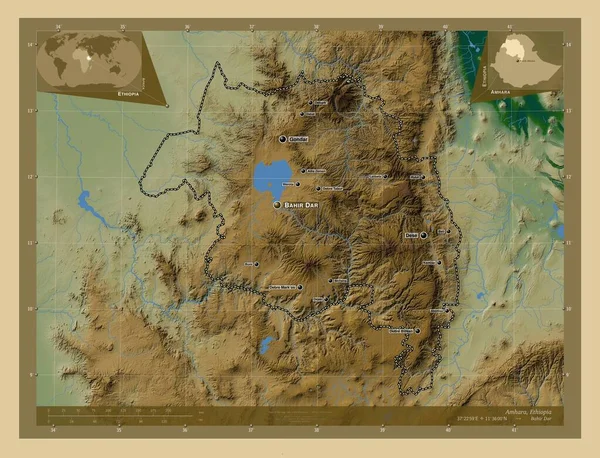 Амхара Штат Эфиопия Цветная Карта Высоты Озерами Реками Места Названия — стоковое фото