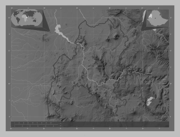 Benshangul Gumaz 埃塞俄比亚国 带有湖泊和河流的灰度高程图 该区域主要城市的所在地点 角辅助位置图 — 图库照片