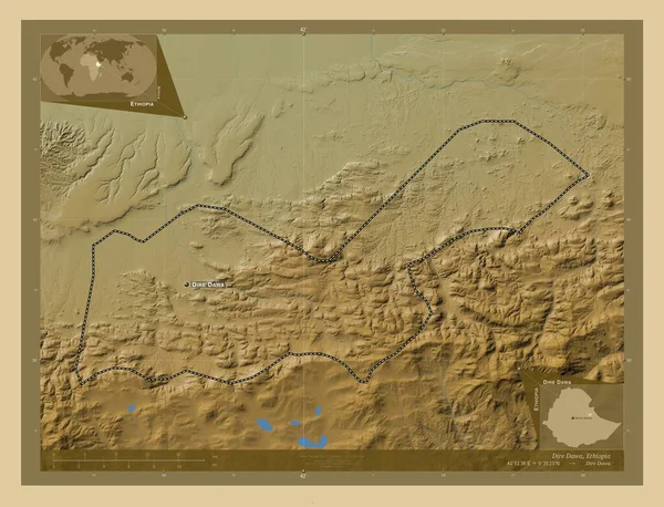 Dire Dawa Stad Ethiopië Gekleurde Hoogtekaart Met Meren Rivieren Locaties — Stockfoto