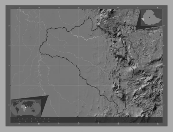 Gambela Népek Etiópia Állam Kétszintes Domborzati Térkép Tavakkal Folyókkal Saroktérképek — Stock Fotó