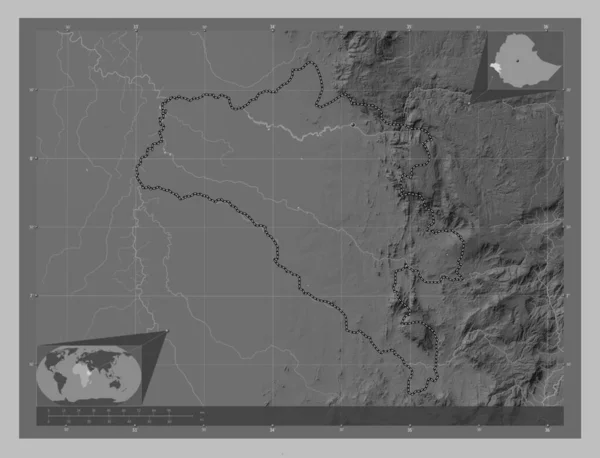 甘贝拉人民 埃塞俄比亚国 带有湖泊和河流的灰度高程图 该区域主要城市的所在地点 角辅助位置图 — 图库照片