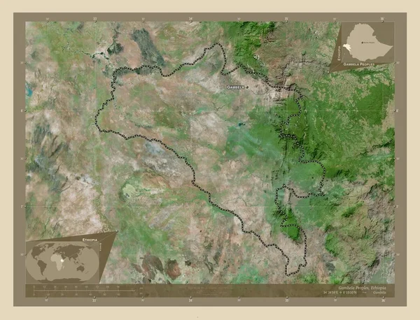 エチオピアのガンベラ人 高解像度衛星地図 地域の主要都市の位置と名前 コーナー補助位置図 — ストック写真