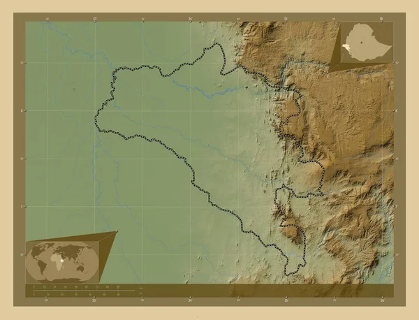 Народы Гамбела Штат Эфиопия Цветная Карта Высоты Озерами Реками Вспомогательные — стоковое фото