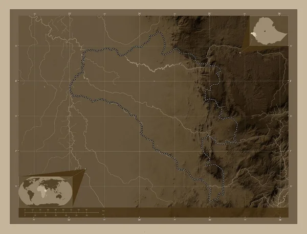 Gambela Peoples Stát Etiopie Zdvihová Mapa Zbarvená Sépiovými Tóny Jezery — Stock fotografie