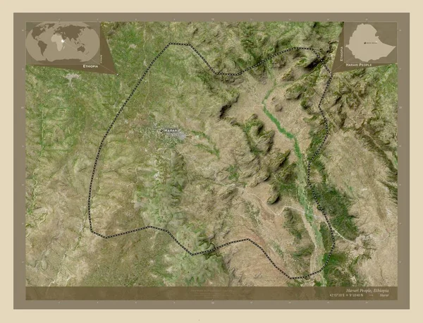 Harari People State Ethiopia 高分辨率卫星地图 该区域主要城市的地点和名称 角辅助位置图 — 图库照片