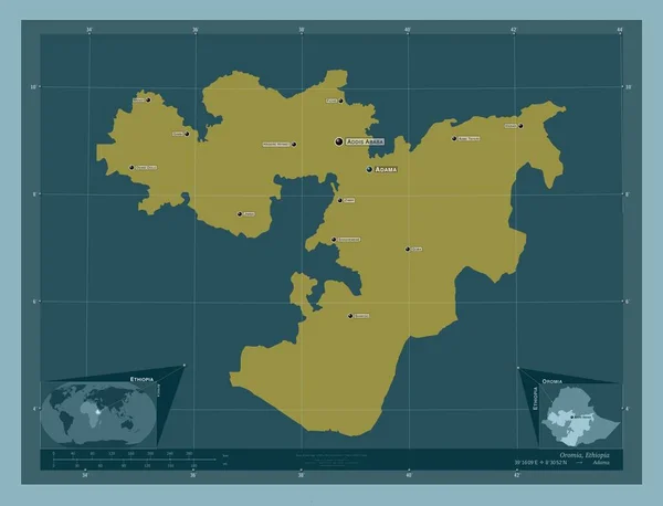 Oromia Estado Etiopía Forma Color Sólido Ubicaciones Nombres Las Principales — Foto de Stock