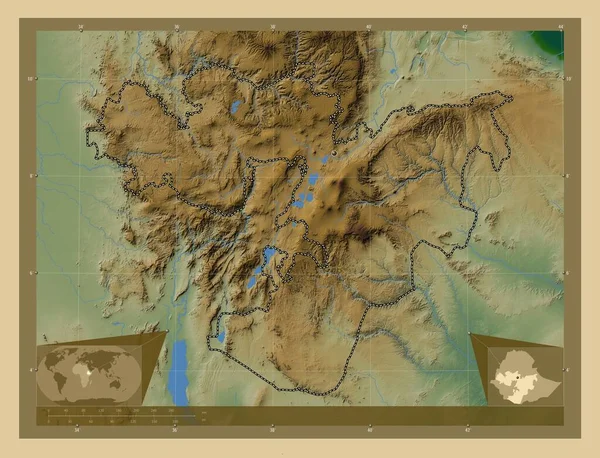 Оромия Штат Эфиопия Цветная Карта Высоты Озерами Реками Вспомогательные Карты — стоковое фото