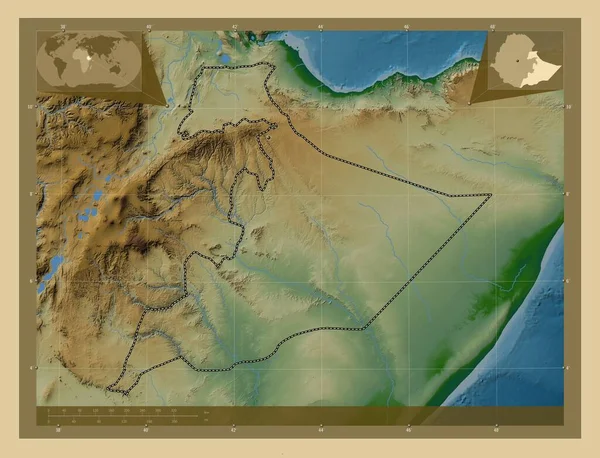 Somalí Estado Etiopía Mapa Elevación Colores Con Lagos Ríos Ubicaciones —  Fotos de Stock
