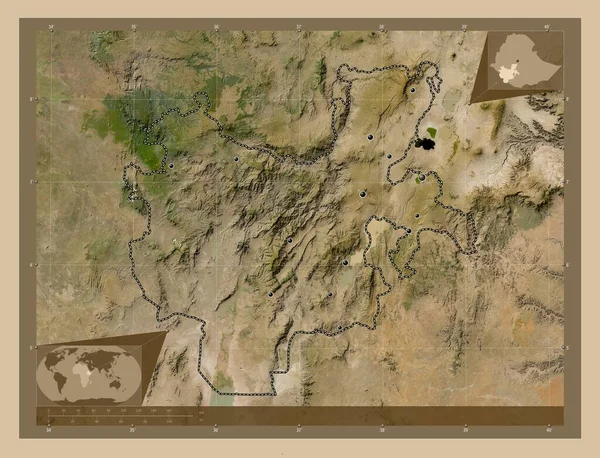 南国家と民族 エチオピアの状態 低解像度衛星地図 地域の主要都市の場所 コーナー補助位置図 — ストック写真