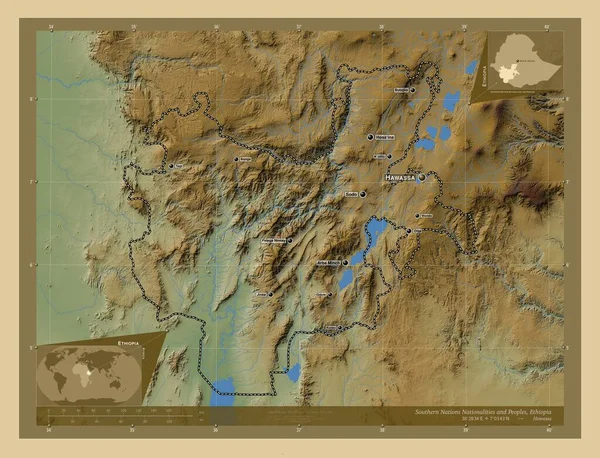 南国家と民族 エチオピアの状態 湖や川と色の標高マップ 地域の主要都市の位置と名前 コーナー補助位置図 — ストック写真