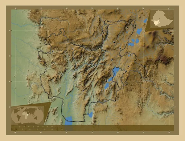 南国家と民族 エチオピアの状態 湖や川と色の標高マップ 地域の主要都市の場所 コーナー補助位置図 — ストック写真