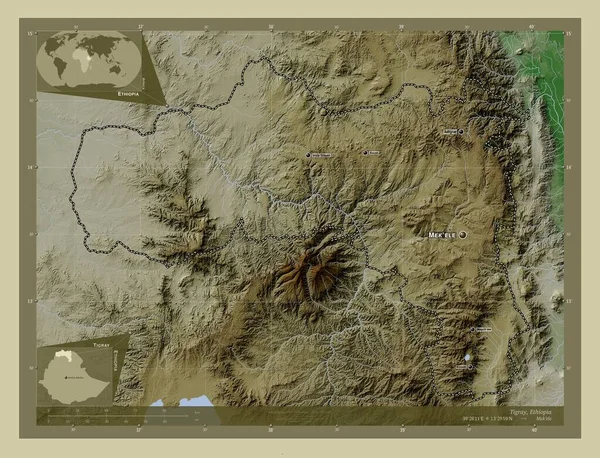 埃塞俄比亚的提格雷州用Wiki风格绘制的带有湖泊和河流的高程地图 该区域主要城市的地点和名称 角辅助位置图 — 图库照片