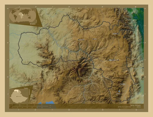 埃塞俄比亚的提格雷州有湖泊和河流的彩色高程图 该区域主要城市的地点和名称 角辅助位置图 — 图库照片