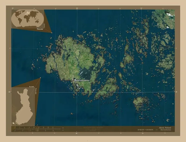 Aland Región Finlandia Mapa Satelital Baja Resolución Ubicaciones Nombres Las — Foto de Stock