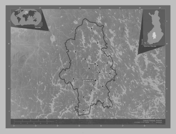 Közép Finnország Finnország Régiója Szürkeárnyas Térkép Tavakkal Folyókkal Régió Nagyvárosainak — Stock Fotó