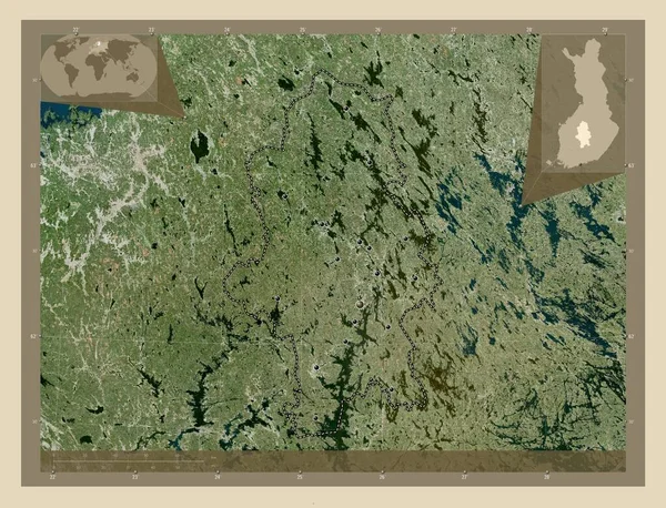 芬兰中部 芬兰地区 高分辨率卫星地图 该区域主要城市的所在地点 角辅助位置图 — 图库照片