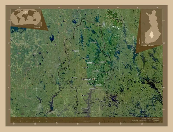 芬兰中部 芬兰地区 低分辨率卫星地图 该区域主要城市的地点和名称 角辅助位置图 — 图库照片