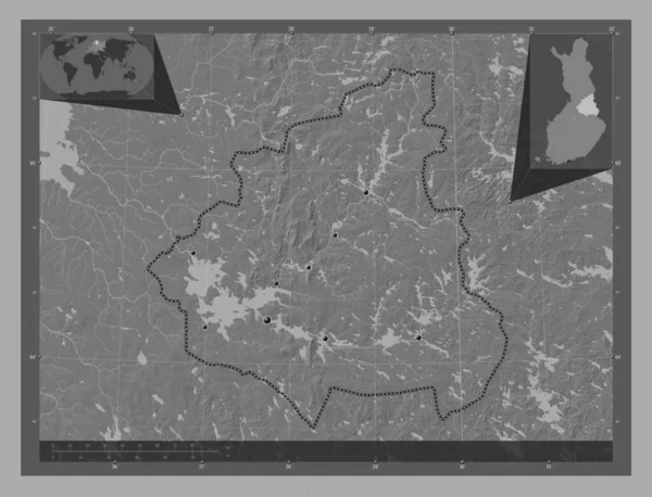 Kainuu Região Finlândia Bilevel Mapa Elevação Com Lagos Rios Locais — Fotografia de Stock
