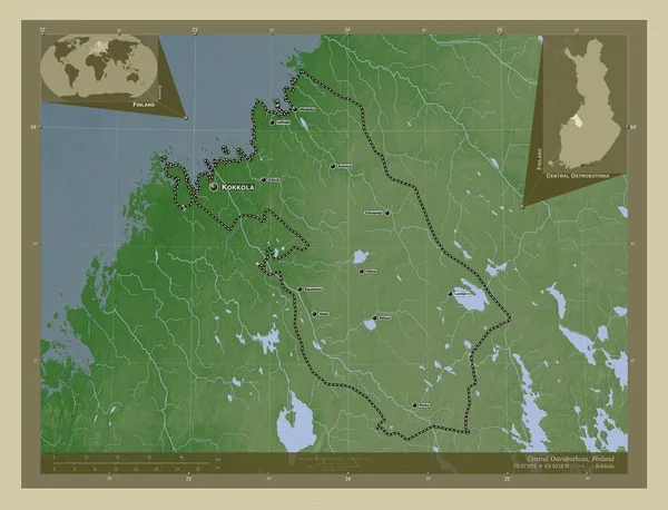 芬兰中部Ostrobothnia地区 用Wiki风格绘制的带有湖泊和河流的高程地图 该区域主要城市的地点和名称 角辅助位置图 — 图库照片
