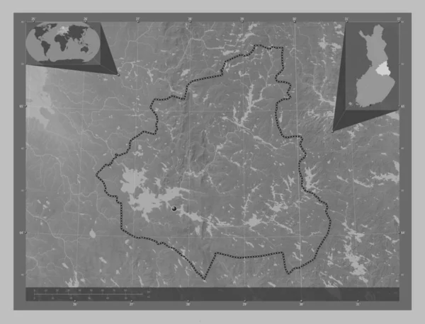 芬兰Kainuu地区 带有湖泊和河流的灰度高程图 角辅助位置图 — 图库照片