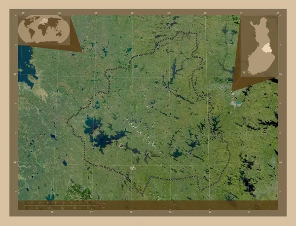 Kainuu Περιφέρεια Φινλανδίας Δορυφορικός Χάρτης Χαμηλής Ανάλυσης Τοποθεσίες Μεγάλων Πόλεων — Φωτογραφία Αρχείου