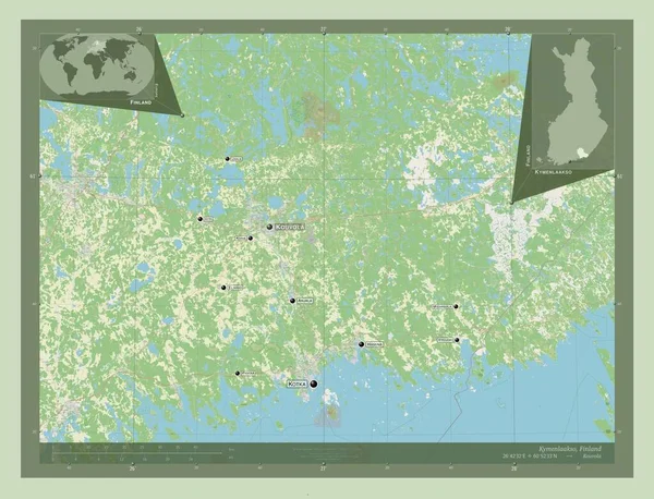 Kymenlaakso Region Finlandii Otwórz Mapę Ulic Lokalizacje Nazwy Głównych Miast — Zdjęcie stockowe