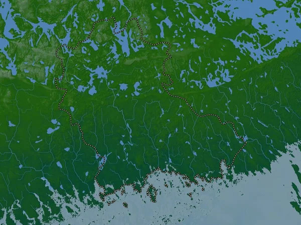 Kymenlaakso Περιφέρεια Φινλανδίας Χρωματιστός Υψομετρικός Χάρτης Λίμνες Και Ποτάμια — Φωτογραφία Αρχείου