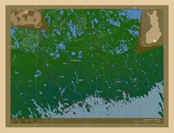 Kymenlaakso 芬兰地区 有湖泊和河流的彩色高程图 该区域主要城市的地点和名称 角辅助位置图 — 图库照片