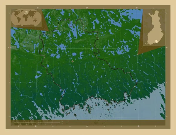 Кюменлааксо Регион Финляндии Цветная Карта Высоты Озерами Реками Вспомогательные Карты — стоковое фото