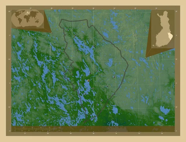 Северная Карелия Регион Финляндии Цветная Карта Высоты Озерами Реками Места — стоковое фото