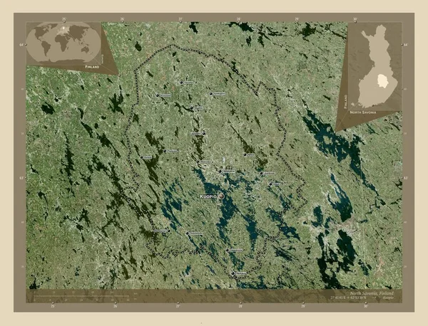 北萨沃尼亚 芬兰地区 高分辨率卫星地图 该区域主要城市的地点和名称 角辅助位置图 — 图库照片