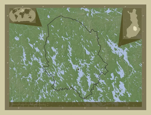 北萨沃尼亚 芬兰地区 用Wiki风格绘制的带有湖泊和河流的高程地图 角辅助位置图 — 图库照片
