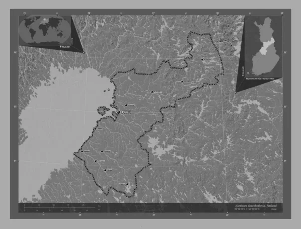 Northern Ostrobothnia Region Finland Bilevel Elevation Map Lakes Rivers Locations — Stock Photo, Image