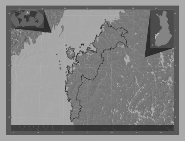 フィンランドのオストロボニア 湖や川と二階の標高マップ コーナー補助位置図 — ストック写真