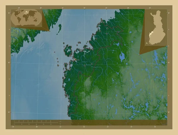 Ostrobothnia 芬兰地区 有湖泊和河流的彩色高程图 该区域主要城市的所在地点 角辅助位置图 — 图库照片