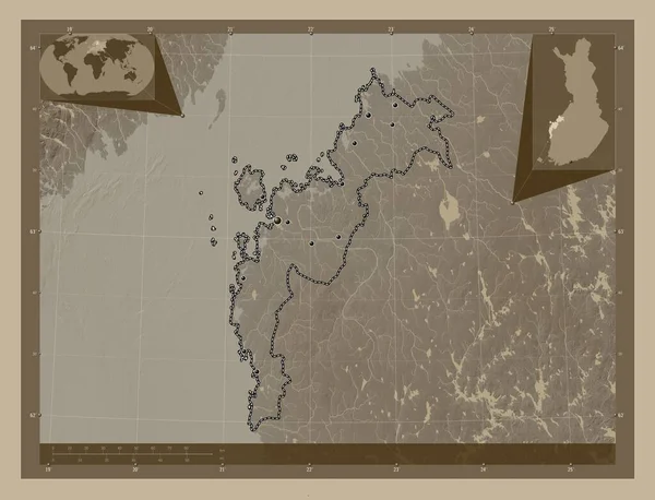 Ostrobothnia Region Finlandii Mapa Elewacji Kolorowe Sepia Dźwięki Jeziorami Rzekami — Zdjęcie stockowe