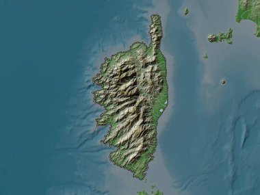 Corse, Fransa bölgesi. Yükseklik haritası göller ve nehirlerle wiki stilinde renklendirilmiştir