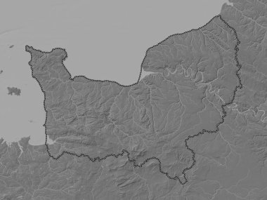 Normandie, Fransa bölgesi. Gölleri ve nehirleri olan çift seviyeli yükseklik haritası