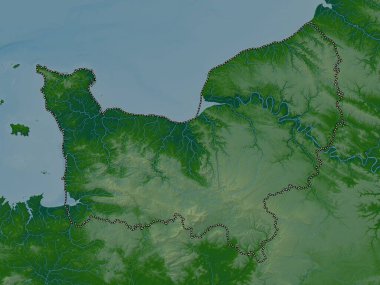 Normandie, Fransa bölgesi. Gölleri ve nehirleri olan renkli yükseklik haritası