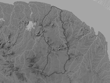 Saint-Laurent-du-Maroni, Fransız Guyanası. Gölleri ve nehirleri olan çift seviyeli yükseklik haritası