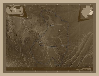 Haut-Ogooue, Gabon vilayeti. Yükseklik haritası sepya tonlarında göller ve nehirlerle renklendirilmiş. Bölgenin büyük şehirlerinin yerleri ve isimleri. Köşedeki yedek konum haritaları