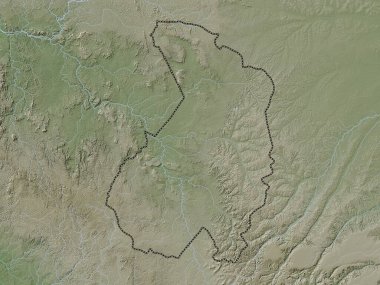 Haut-Ogooue, Gabon vilayeti. Yükseklik haritası göller ve nehirlerle wiki stilinde renklendirilmiştir