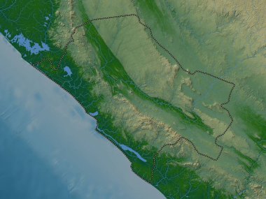 Nyanga, Gabon vilayeti. Gölleri ve nehirleri olan renkli yükseklik haritası