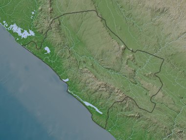 Nyanga, Gabon vilayeti. Yükseklik haritası göller ve nehirlerle wiki stilinde renklendirilmiştir