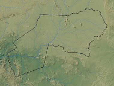 Ogooue-Ivindo, Gabon vilayeti. Gölleri ve nehirleri olan renkli yükseklik haritası