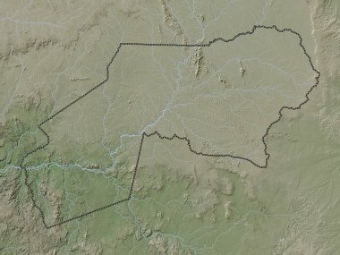 Ogooue-Ivindo, Gabon vilayeti. Yükseklik haritası göller ve nehirlerle wiki stilinde renklendirilmiştir