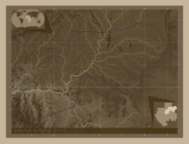 Ogooue-Ivindo, Gabon vilayeti. Yükseklik haritası sepya tonlarında göller ve nehirlerle renklendirilmiş. Köşedeki yedek konum haritaları