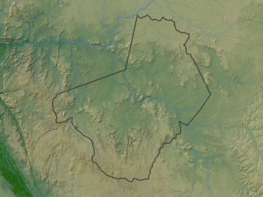 Ogooue-Lolo, Gabon vilayeti. Gölleri ve nehirleri olan renkli yükseklik haritası