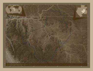 Ogooue-Lolo, Gabon vilayeti. Yükseklik haritası sepya tonlarında göller ve nehirlerle renklendirilmiş. Bölgenin büyük şehirlerinin yerleri. Köşedeki yedek konum haritaları